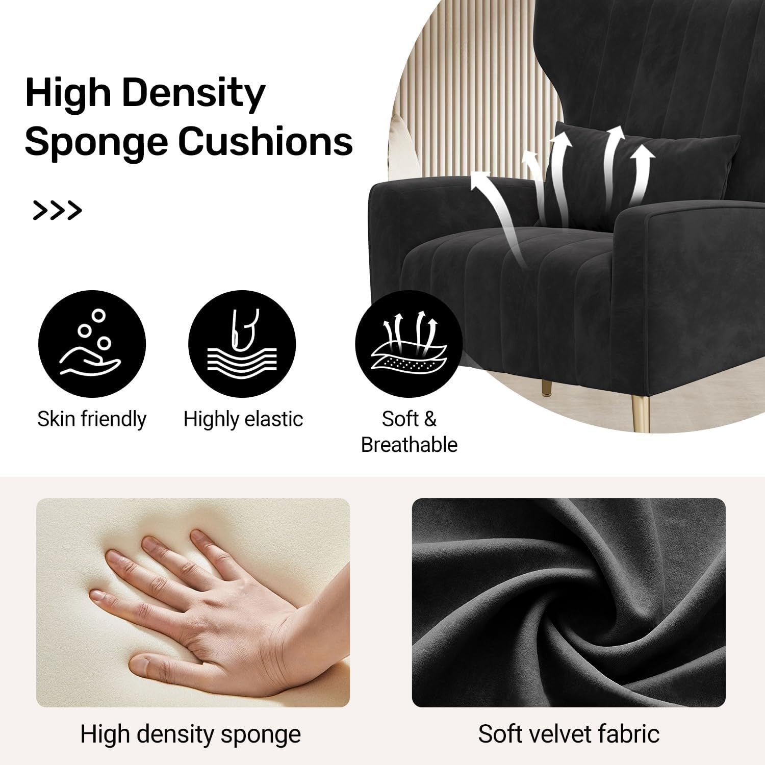 2x Black Velvet Recliner Armchairs Gold Legs Lounge Chairs Modern Set