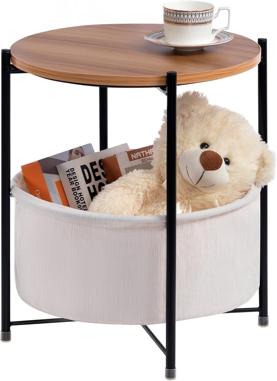 Round Side Table with Fabric Basket Storage Small Coffee Sofa Table