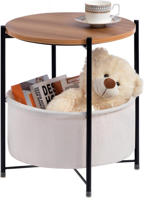Round Side Table with Fabric Basket Storage Small Coffee Sofa Table
