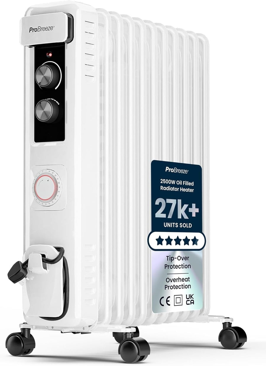 2500W Slim Oil Filled Radiator Portable Heater Timer Thermostat White