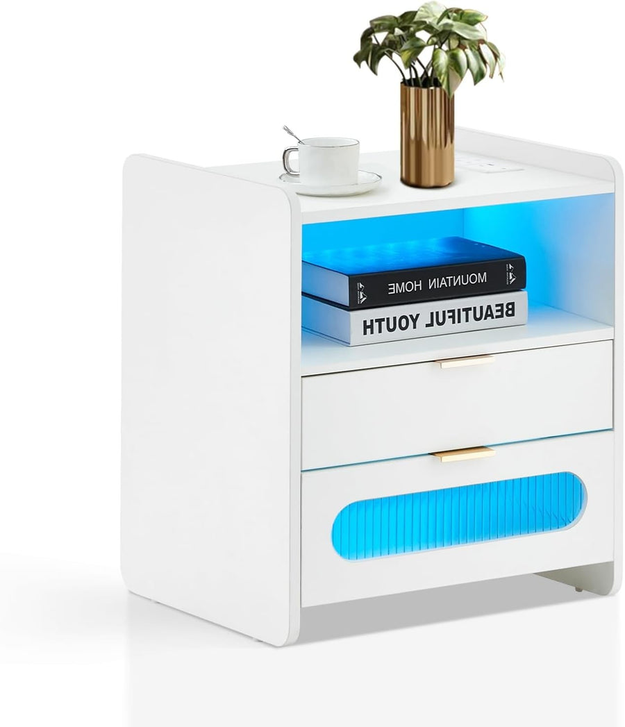 Modern White Bedside Table with LED Lights & USB Charging Ports, 2 Drawers