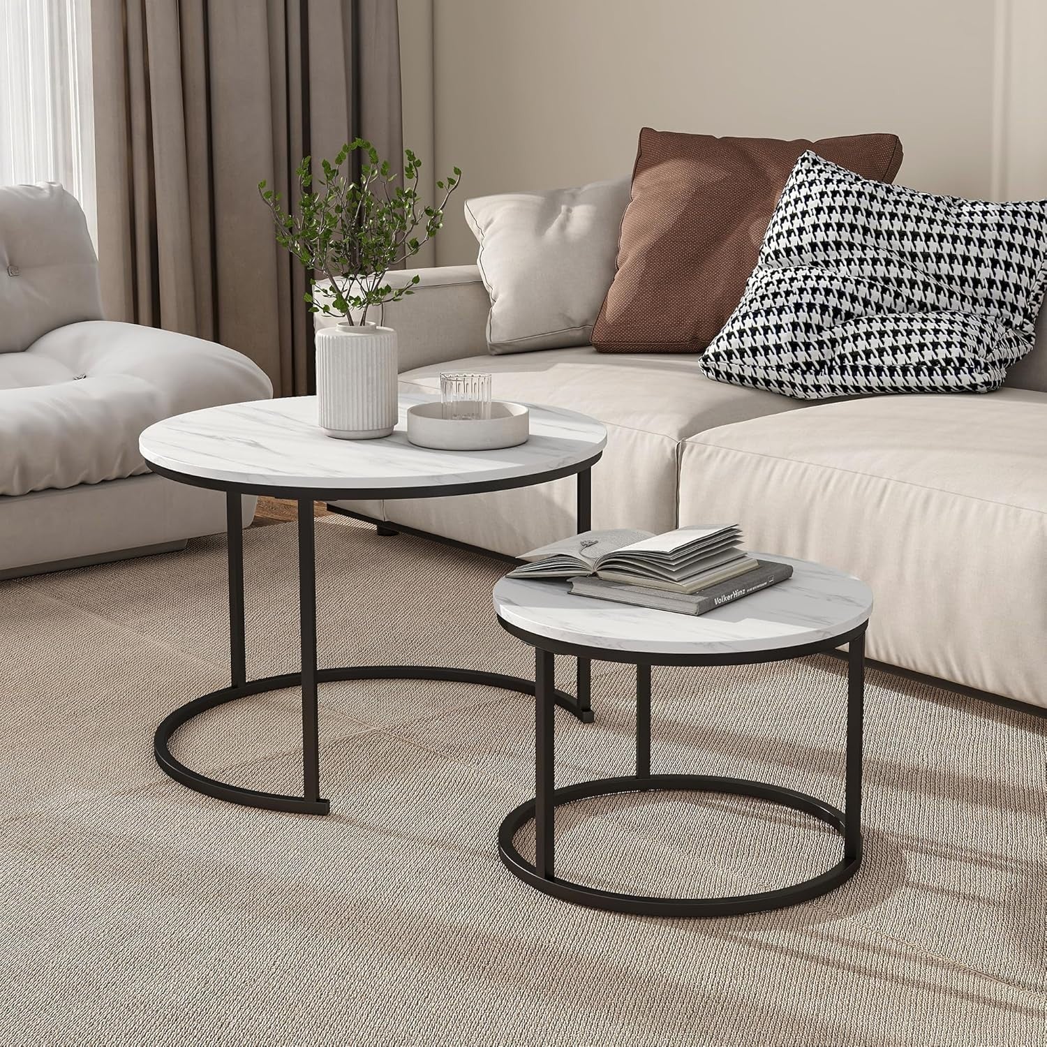 Nesting Coffee Table Black White Round Metal Legs Side End Modern Wood Look