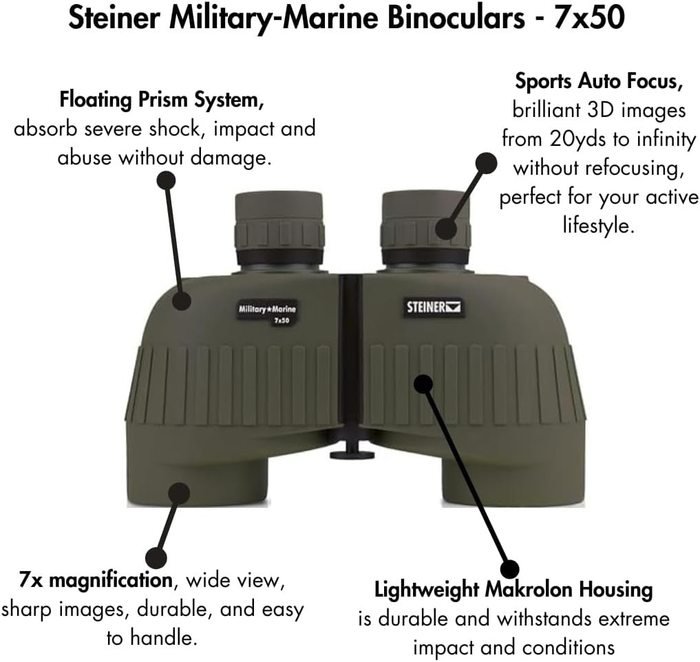 7x50 Military-Style Binoculars – Bright Wide View, Waterproof, Shockproof, Auto-