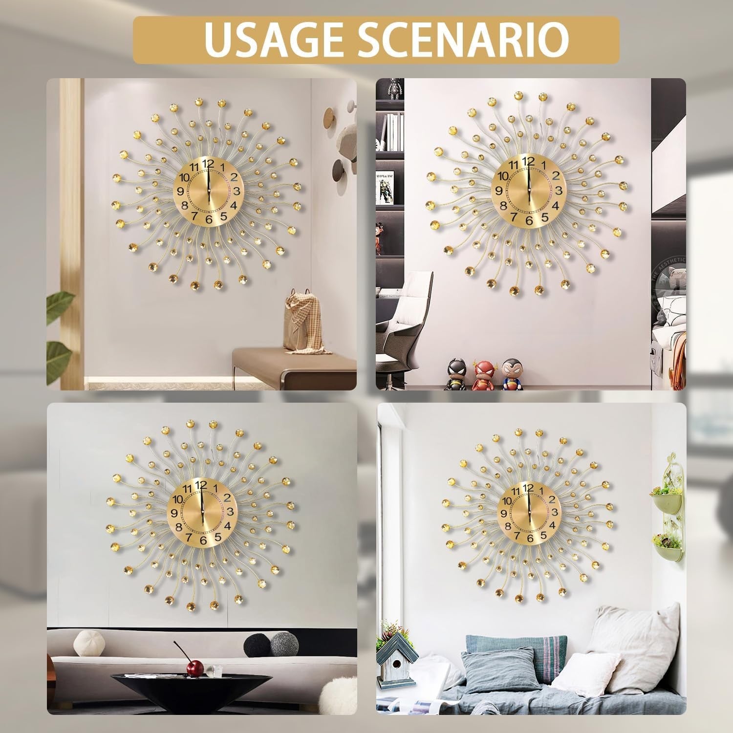 60cm Gold Sunburst Wall Clock – Silent Quartz Modern Decorative Crystal Design