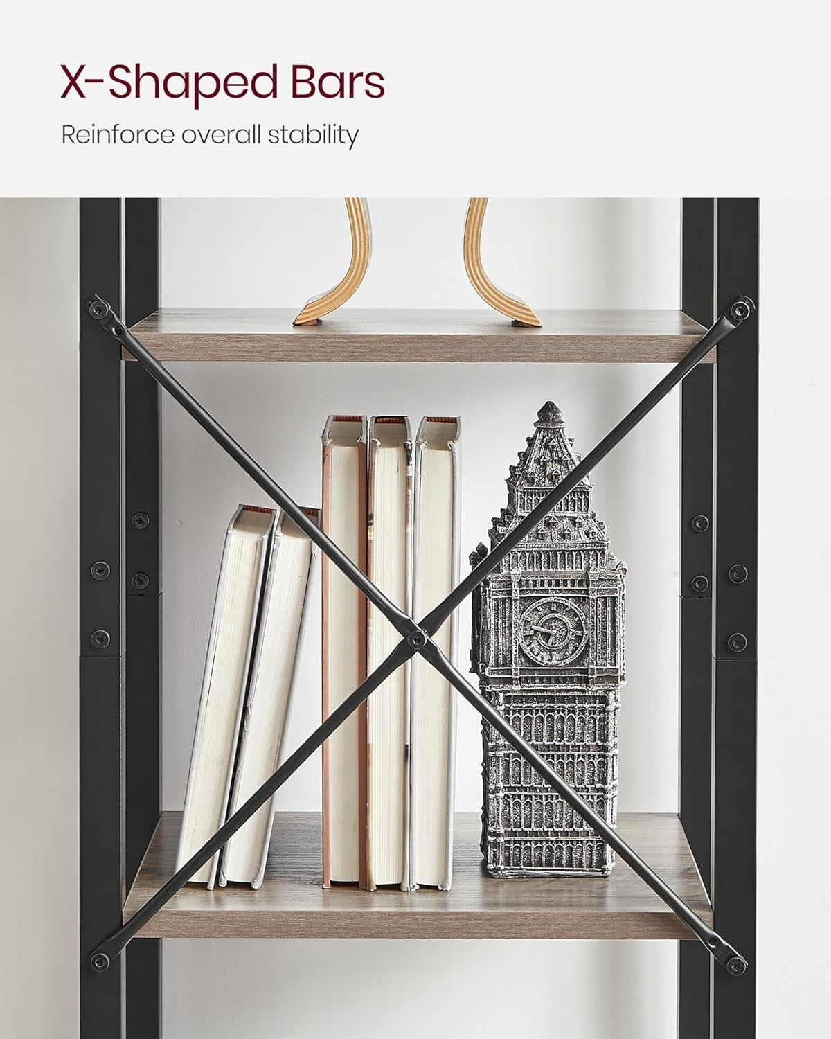 5-Tier Heather Greige Industrial Bookcase – Tall Narrow Storage Shelf Unit