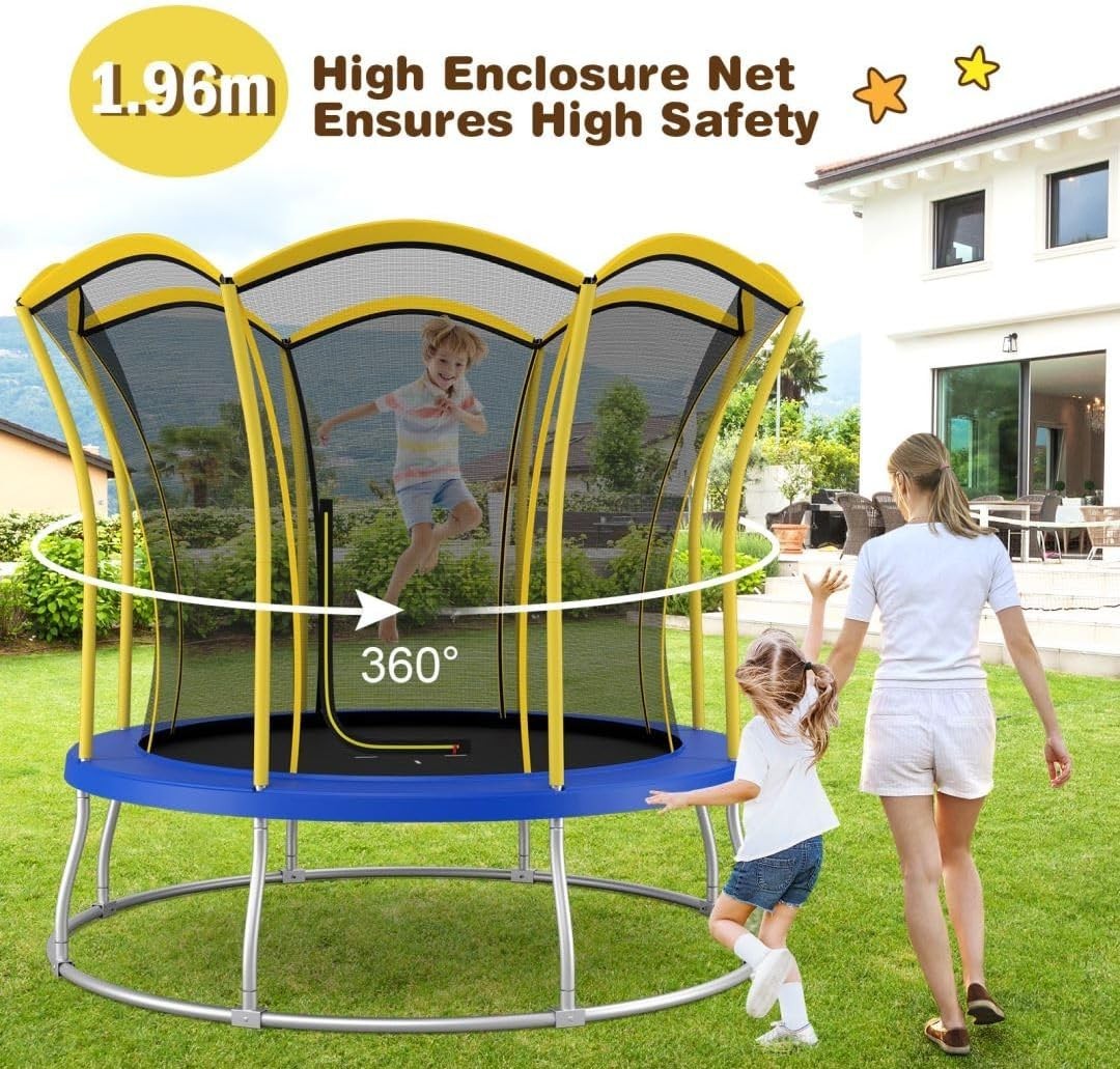 10FT Outdoor Garden Trampoline Safety Enclosure Net Steel Springs Yellow