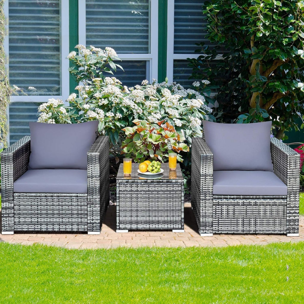 3PC Rattan Bistro Set Patio Garden Furniture Cushioned Chairs & Table