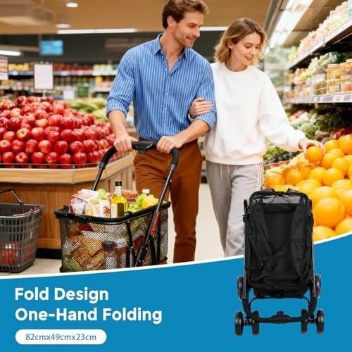 2-Tier Folding Shopping Trolley with 360° Wheels & Removable Bag – Black