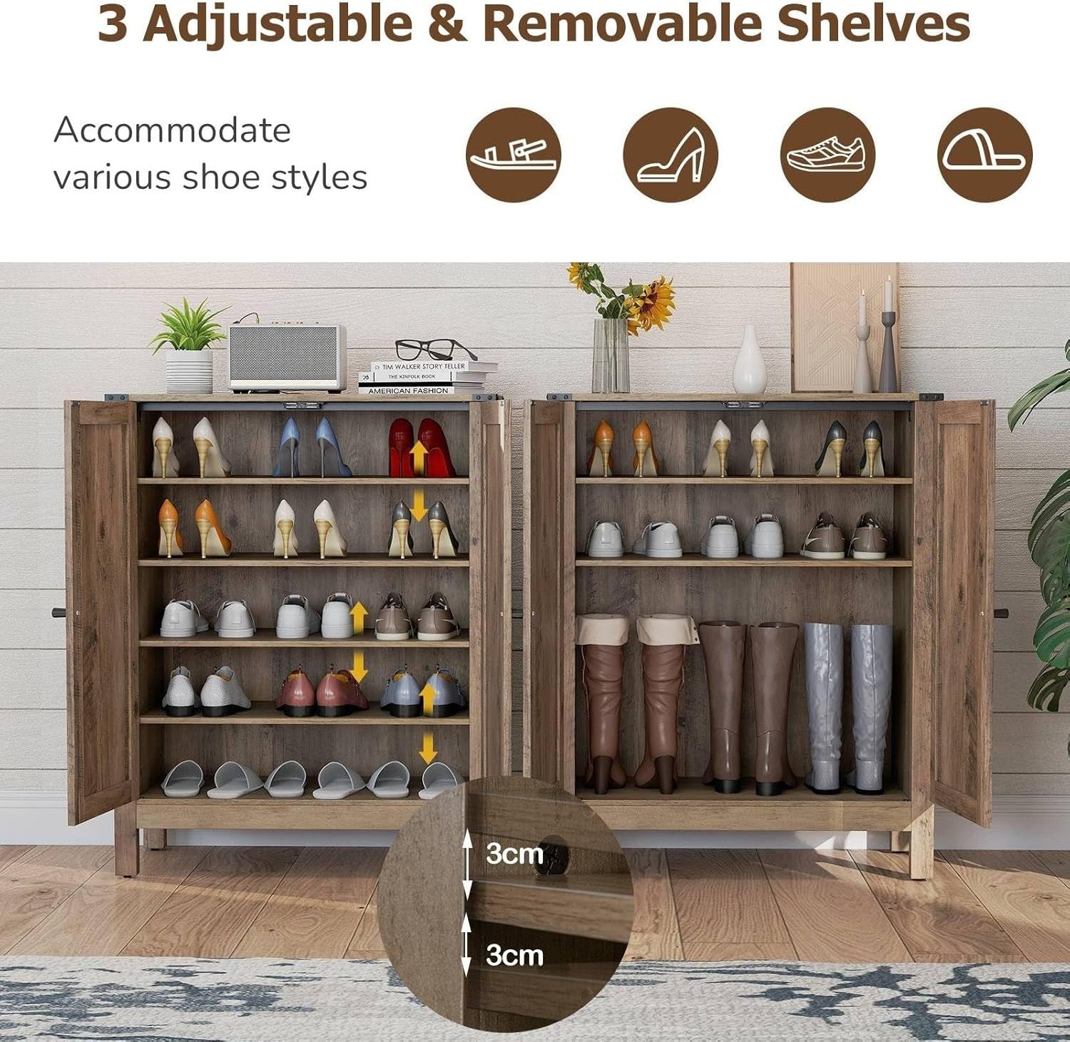 Adjustable 5-Shelf Wooden Shoe Cabinet with Anti-Tip Safety & Magnetic Doors