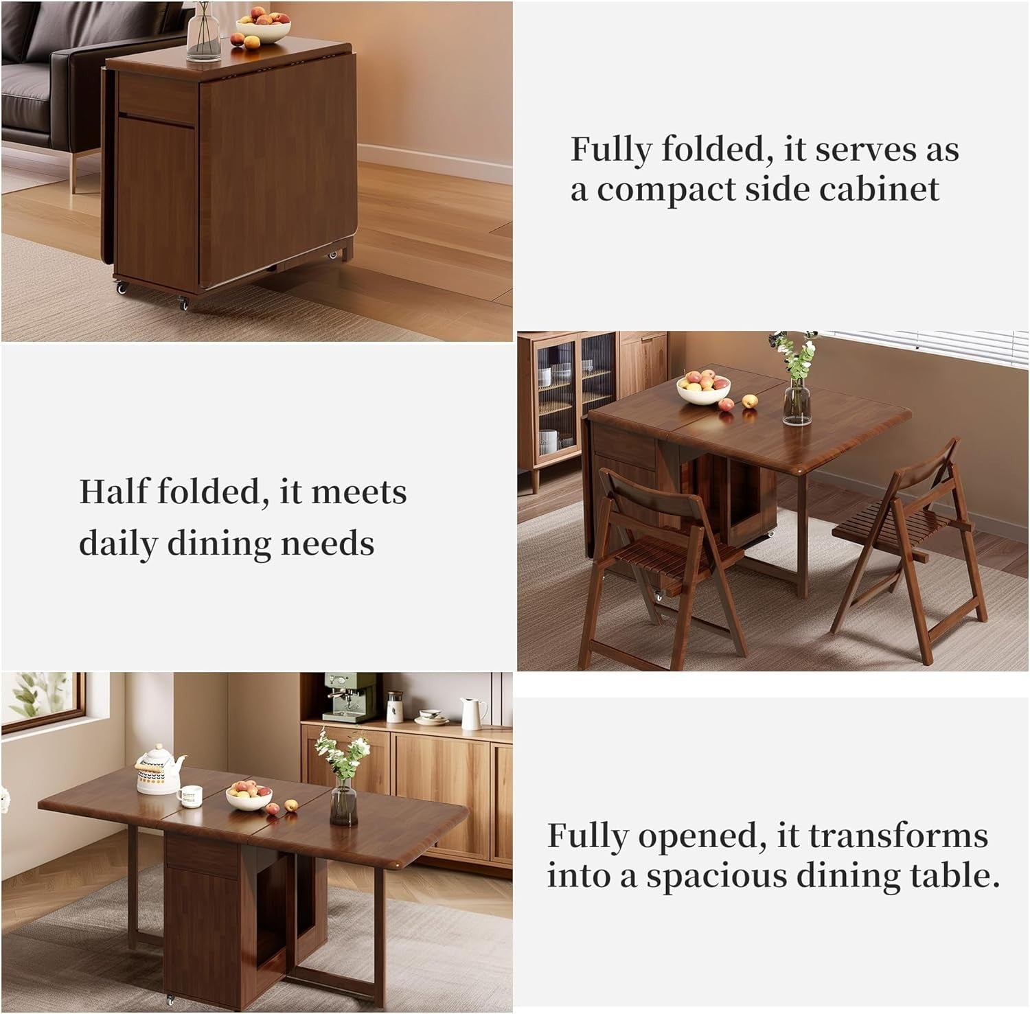 Space-Saving Folding Drop Leaf Dining Table with 6 Chairs Walnut Set