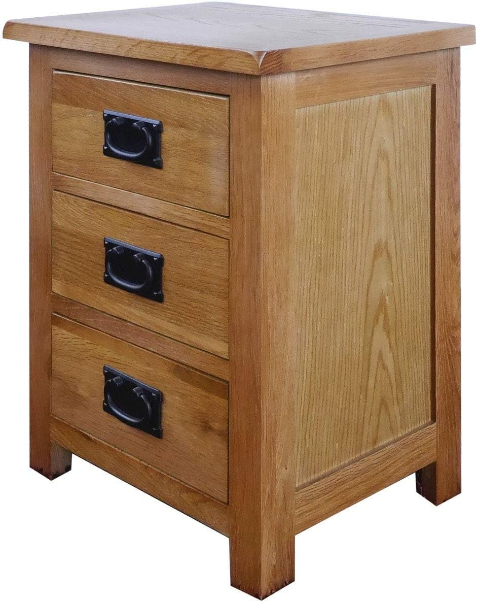 Rustic Oak Bedside Table with 3 Drawers, Solid Wood Nightstand 56x42x32cm