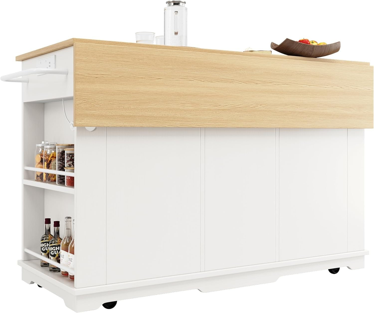 Kitchen Island Trolley with Drawers, Wine Rack & Power Strip, White 151.5x59.7x9