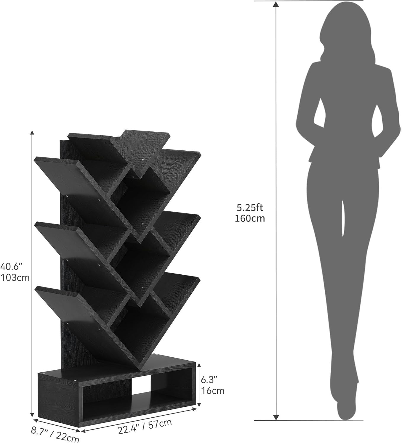 Tree Bookshelf with Drawer 5 Tier Black Wooden Bookcase Storage Rack