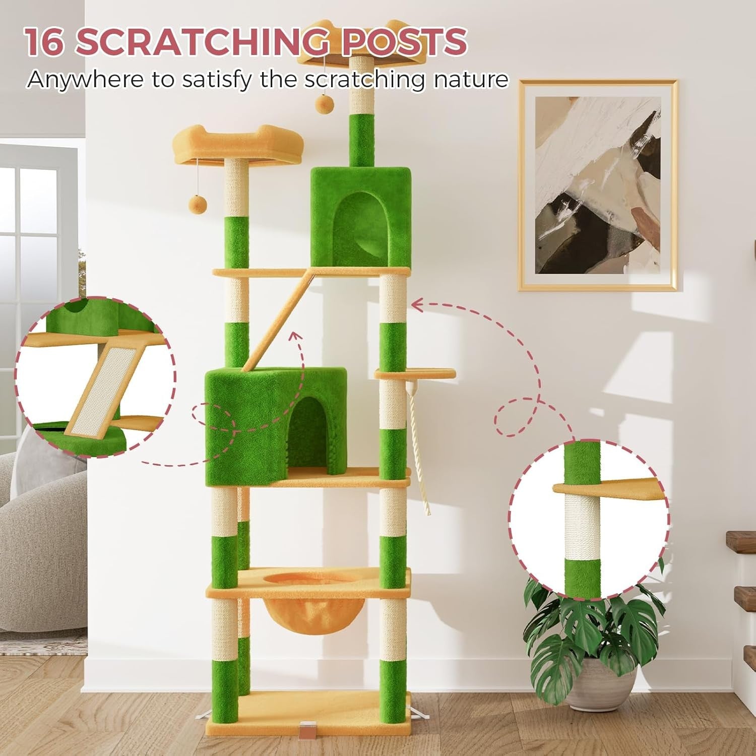 208cm Tall Cat Tree Tower Green Yellow Anti-Tip Multi-Level Condo Scratcher