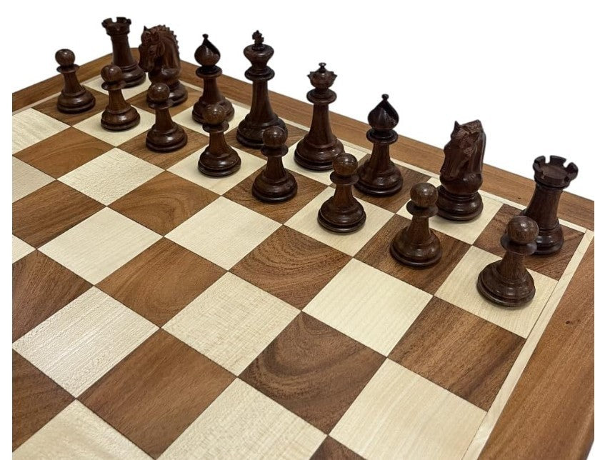 Luxury Acacia Wood Chess Set 3.75" King with Velvet Storage Box & Extra Queens