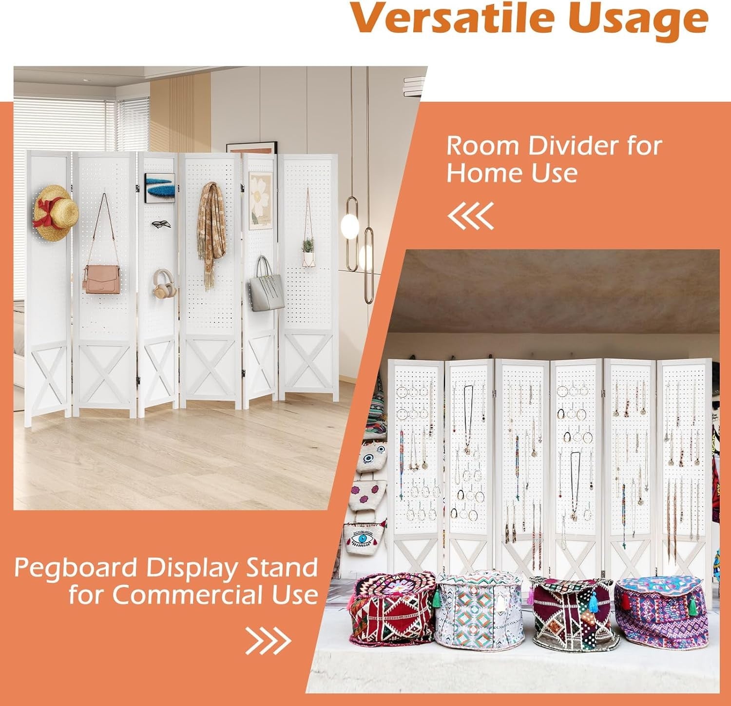 6 Panel White Wooden Folding Room Divider with Pegboard Display 246x170cm