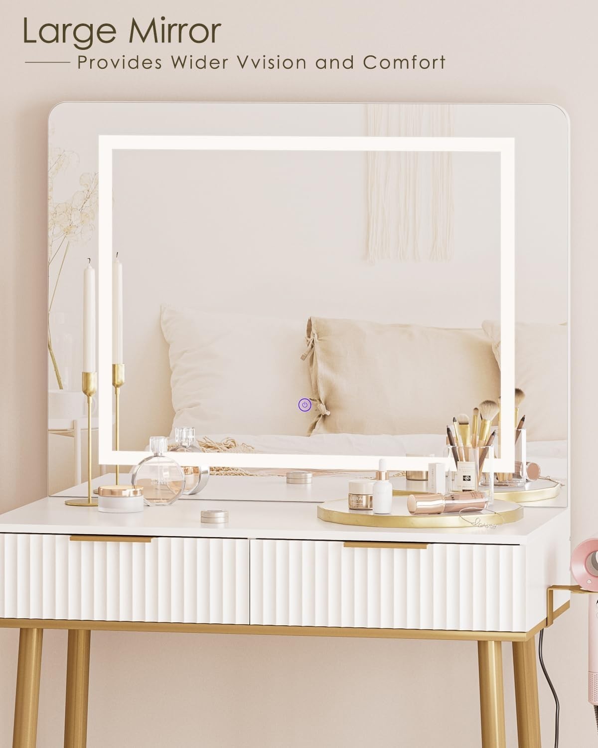 White Dressing Table Makeup Desk LED Light Mirror Drawers Gold Legs Modern
