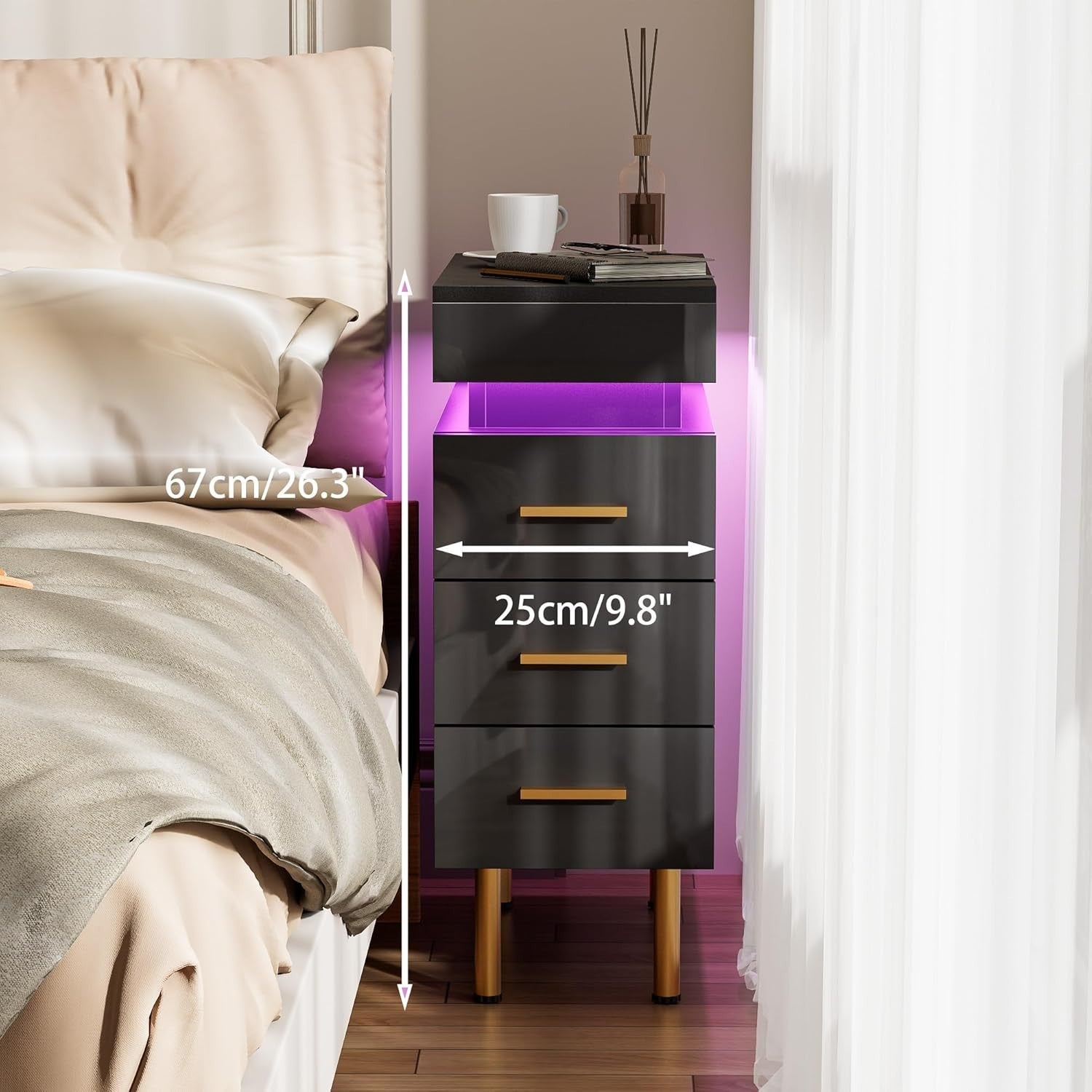 Modern LED Bedside Table with USB Charging, 3 Drawers + Hidden Storage