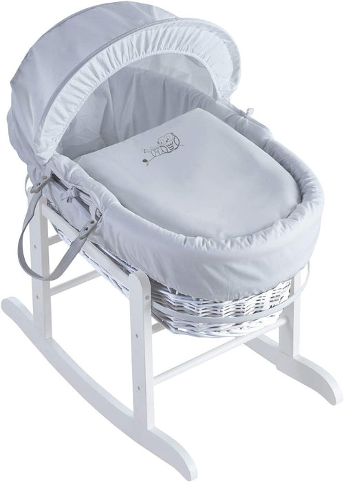 Embroided  Wicker Moses Basket Oval Bedding, Mattress & Rocking Stand Owl White