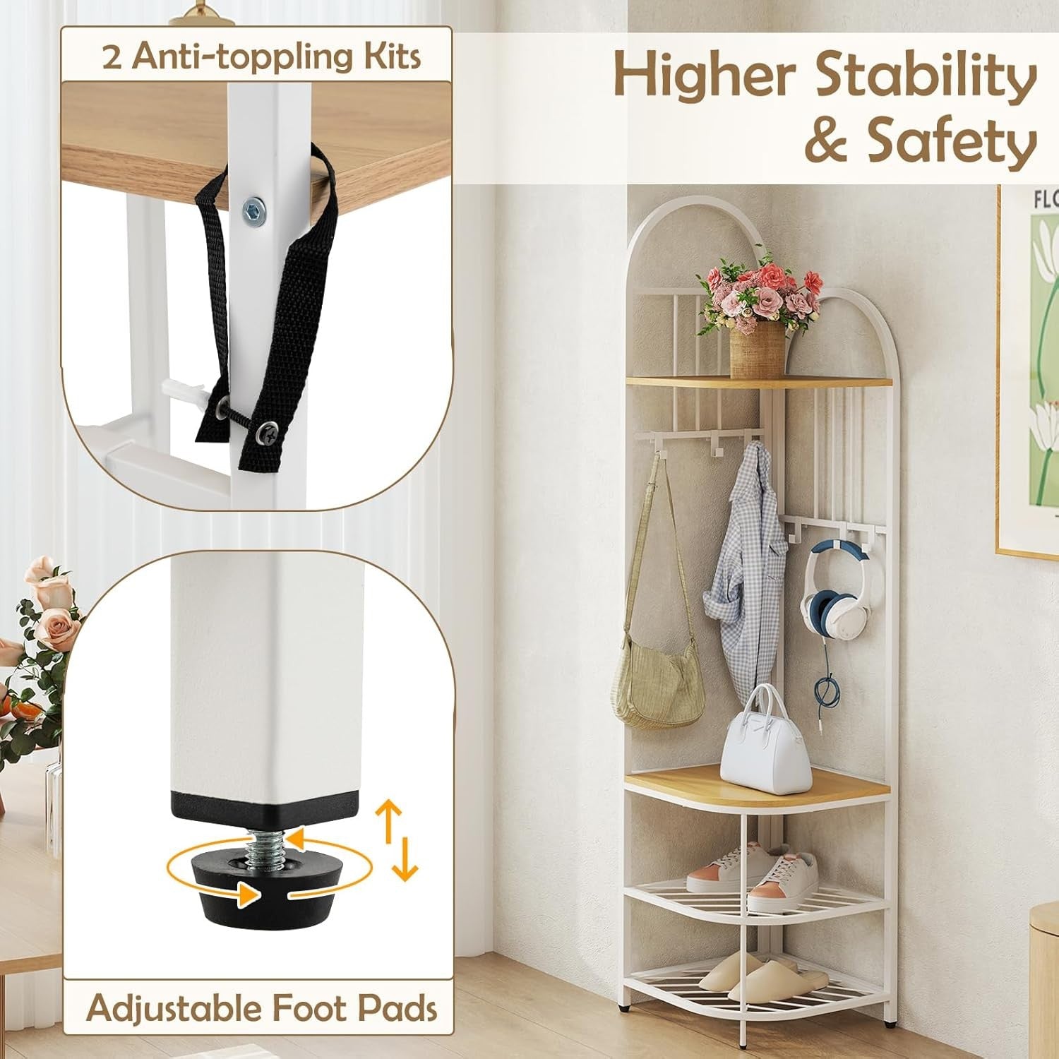 Natural White Corner Coat Rack 4-Tier Hall Tree with Shoe Bench & Hooks