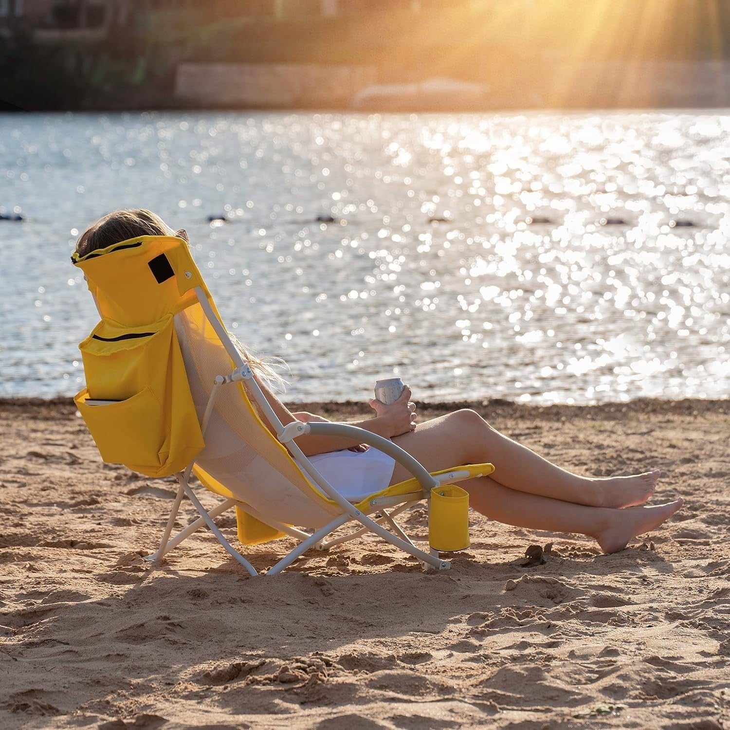 Beach Chair with UPF 50 Umbrella, Cooler Bag, Cup Holder, Folding Seat