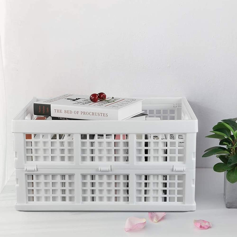 Set of 3 30L Folding Plastic Storage Crates Stackable 44x33x23cm White