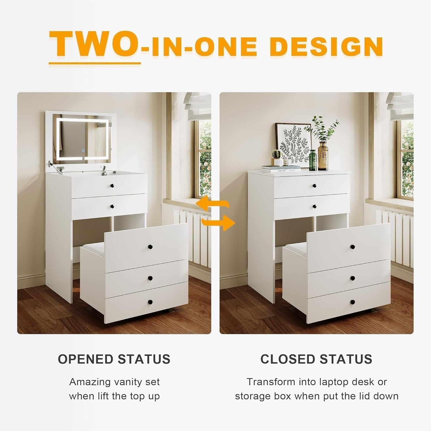 White Vanity Desk Flip Up Mirror 3 Color LED Light 4 Drawers Small Space