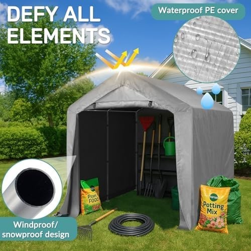 Outdoor Storage Shed Tent 8x8FT Waterproof PE Shelter with Steel Frame & Door