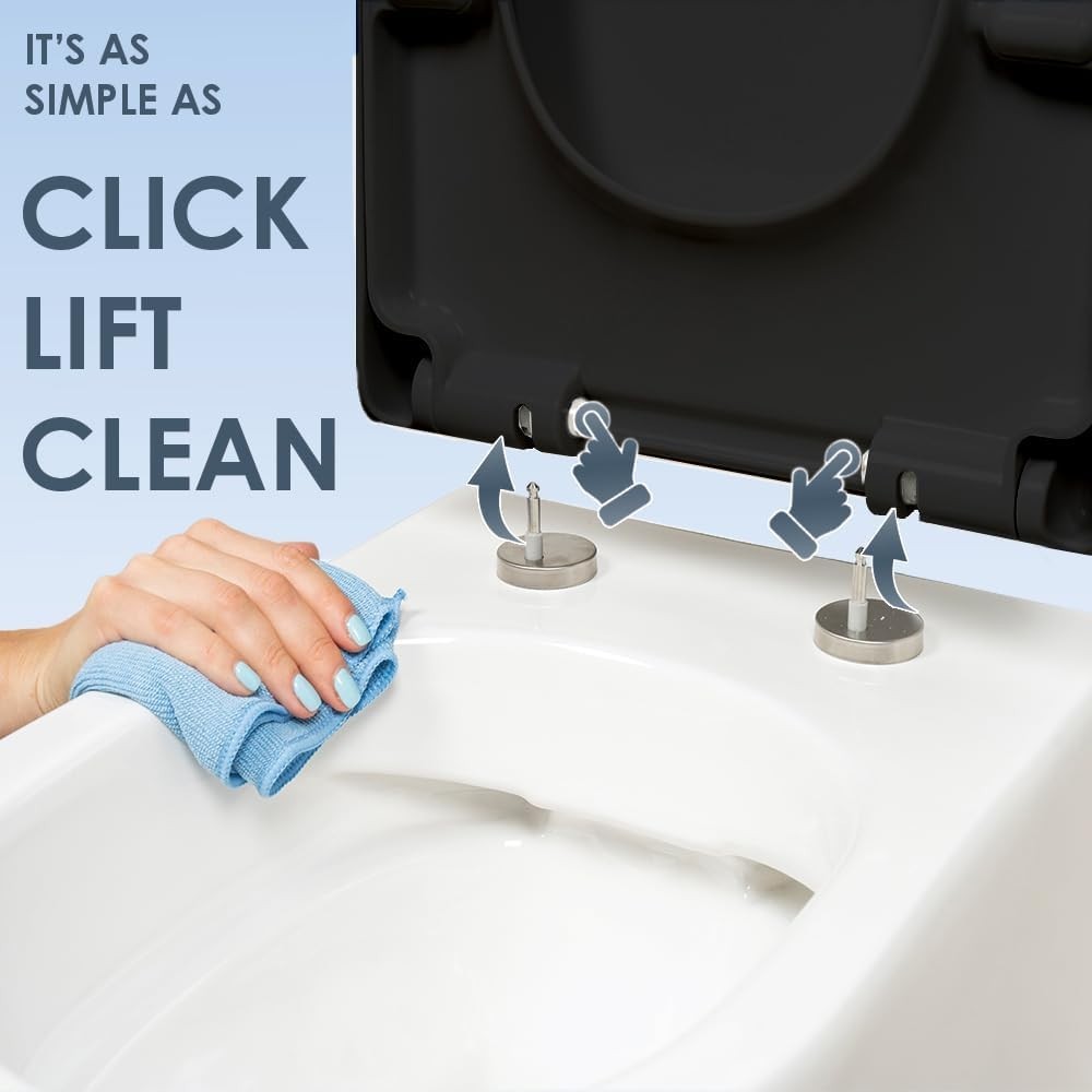 Black Duroplast Toilet Seat Soft Close D Shape Quick Release Easy Clean 45x37cm