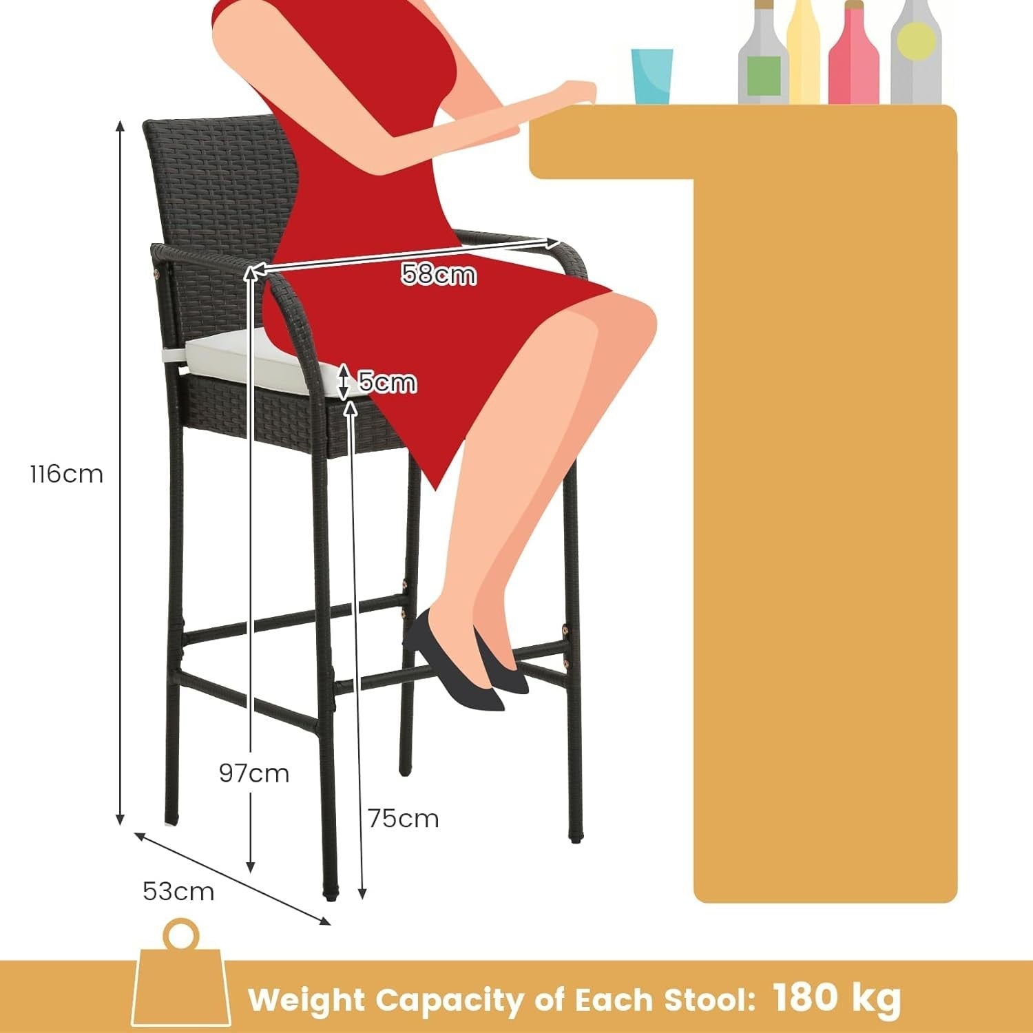 Rattan Bar Stools Set of 4 High Back Counter Chairs Cushions Footrest
