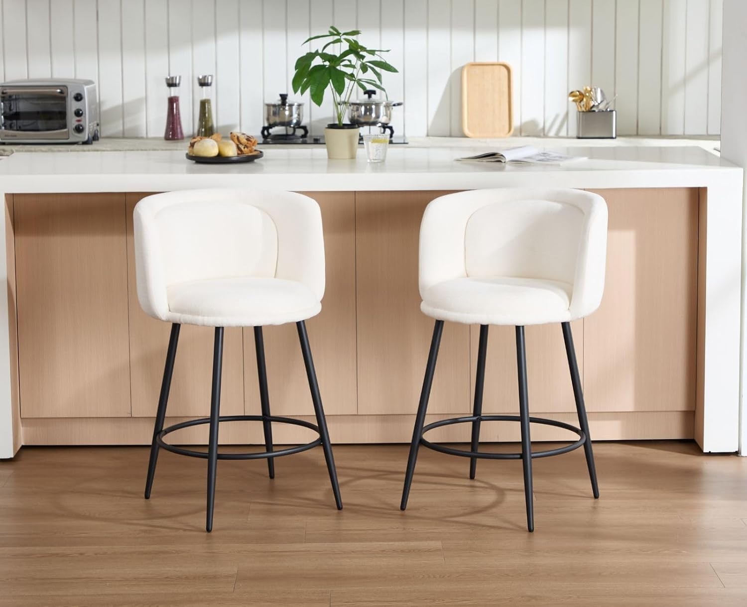 Counter Bar Stools Set of 2 | White Chenille L-Shaped Dining Chairs