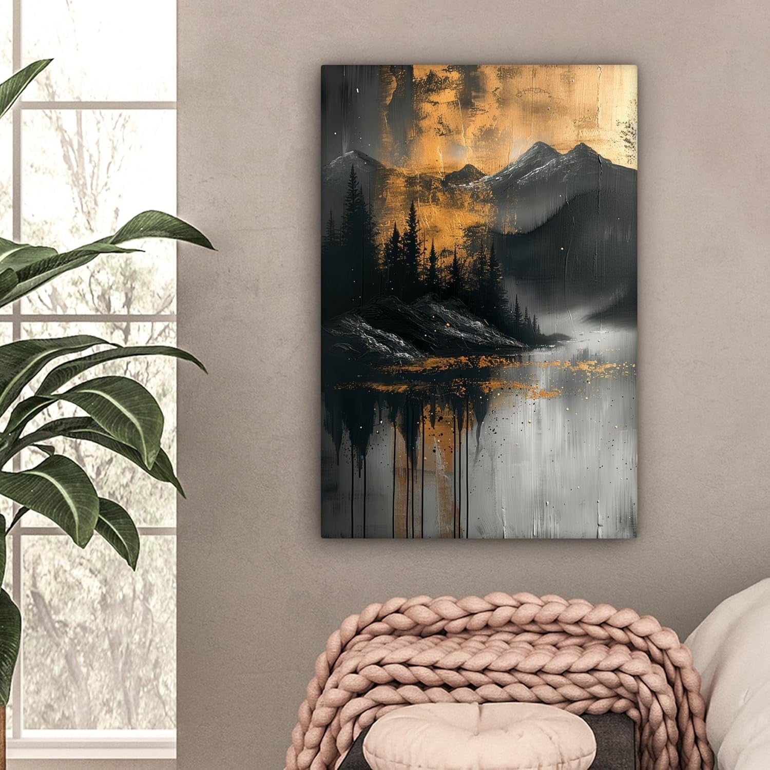 Forest Mountain Canvas Wall Art 40x60cm Gold Black Framed Modern
