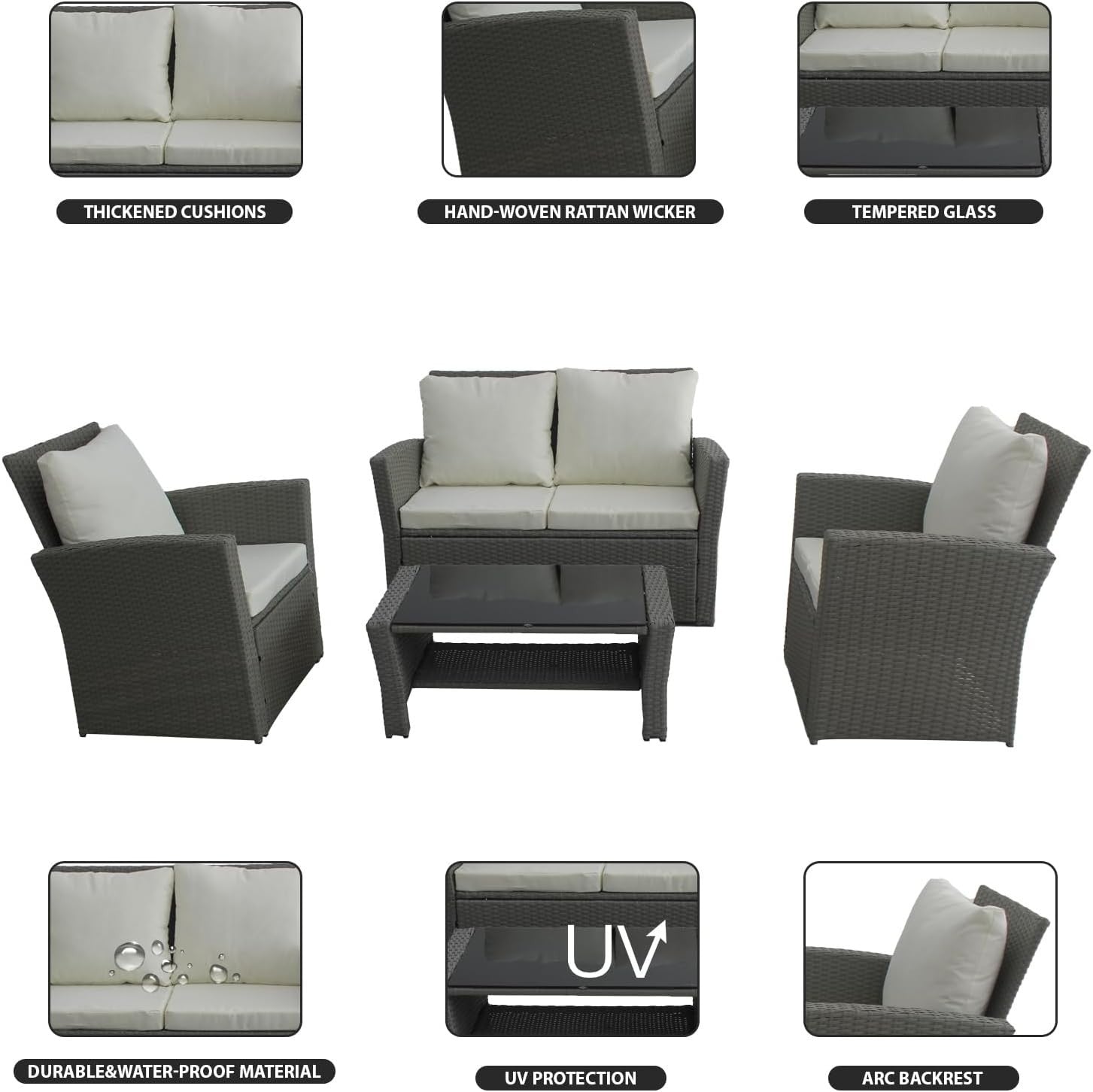 4-Seater Rattan Garden Sofa Set Chairs & Table Outdoor Patio Furniture