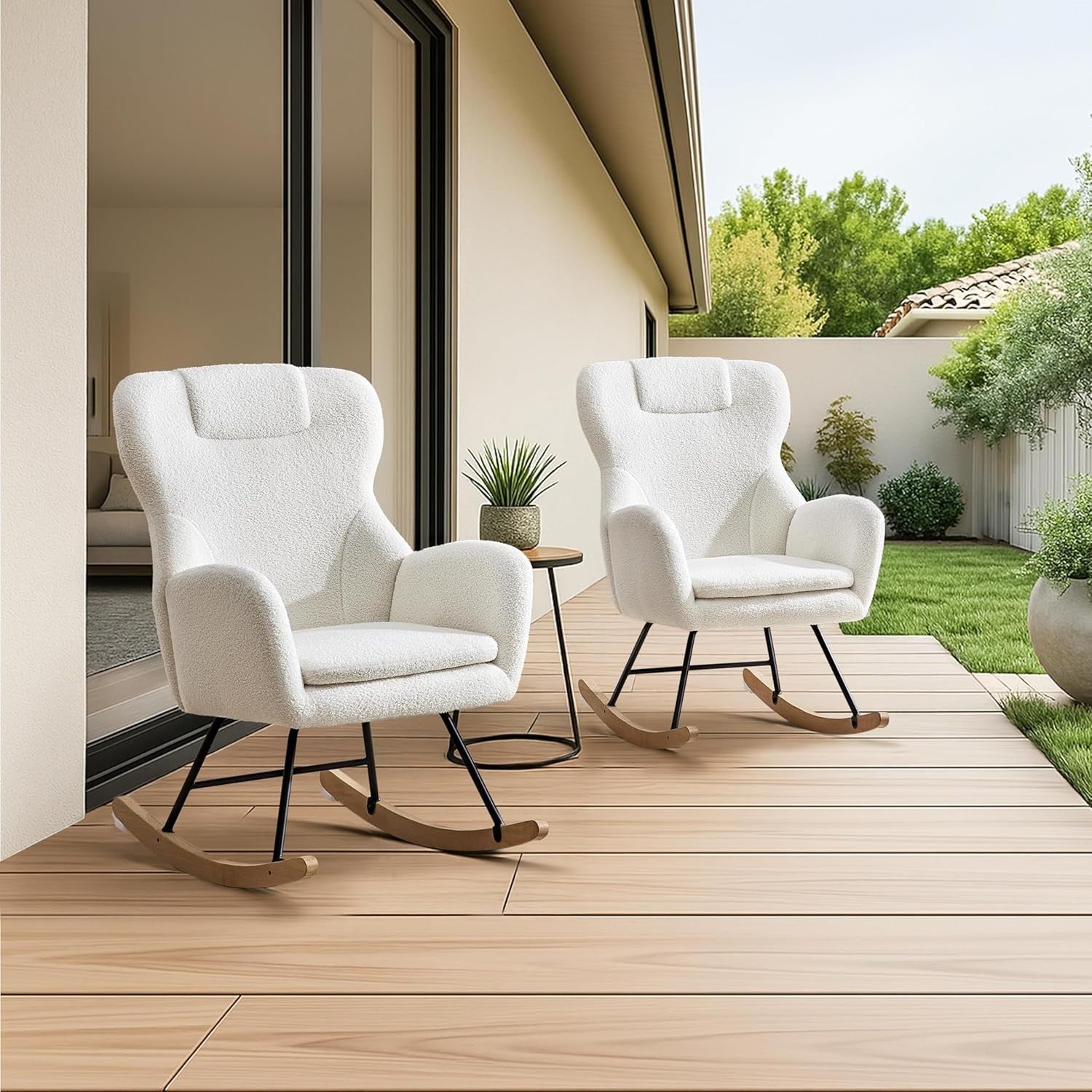 Rocking Armchair Boucle Fabric for Adults, Solid Wood Base, Cozy Lounge Chair
