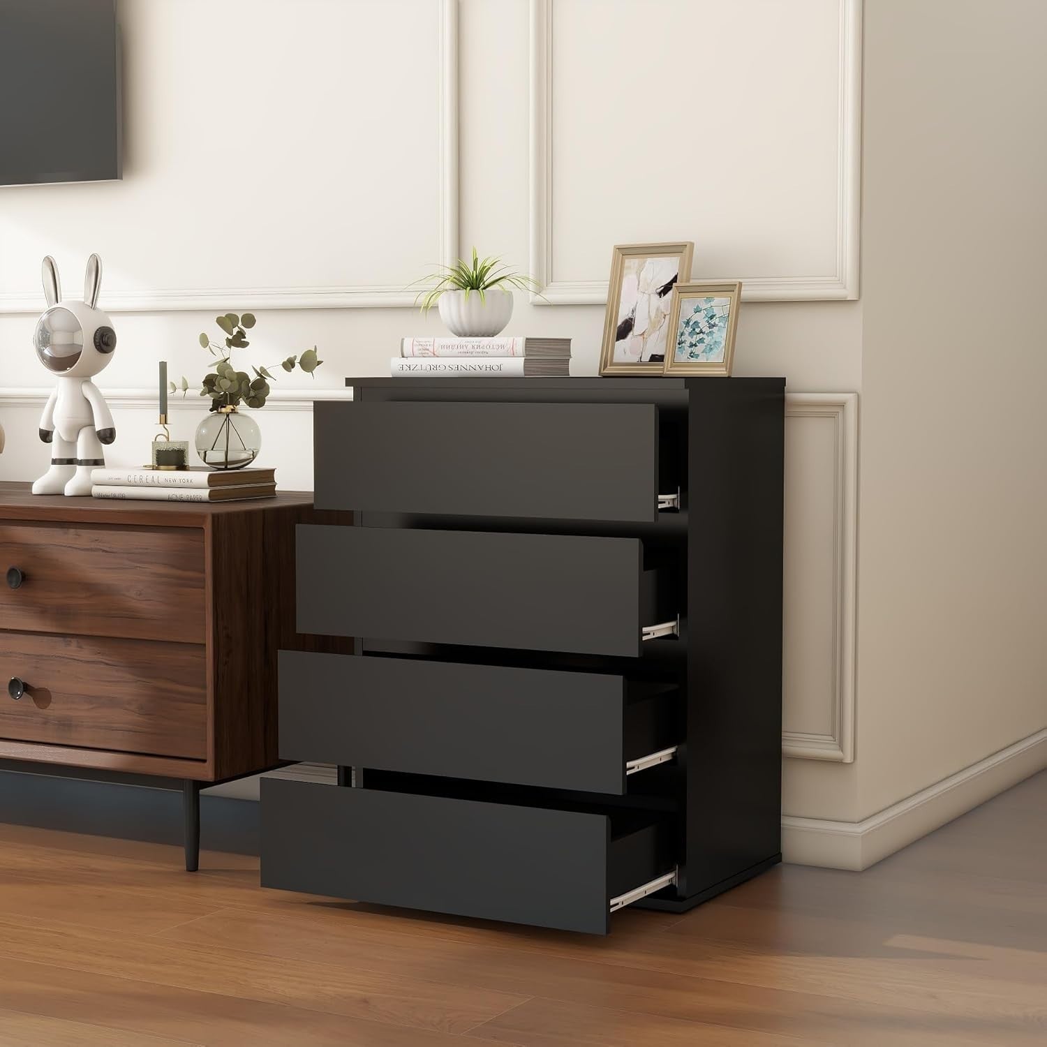 Modern Black Wooden Chest of Drawers 4-Drawer Tall Dresser Storage Organizer