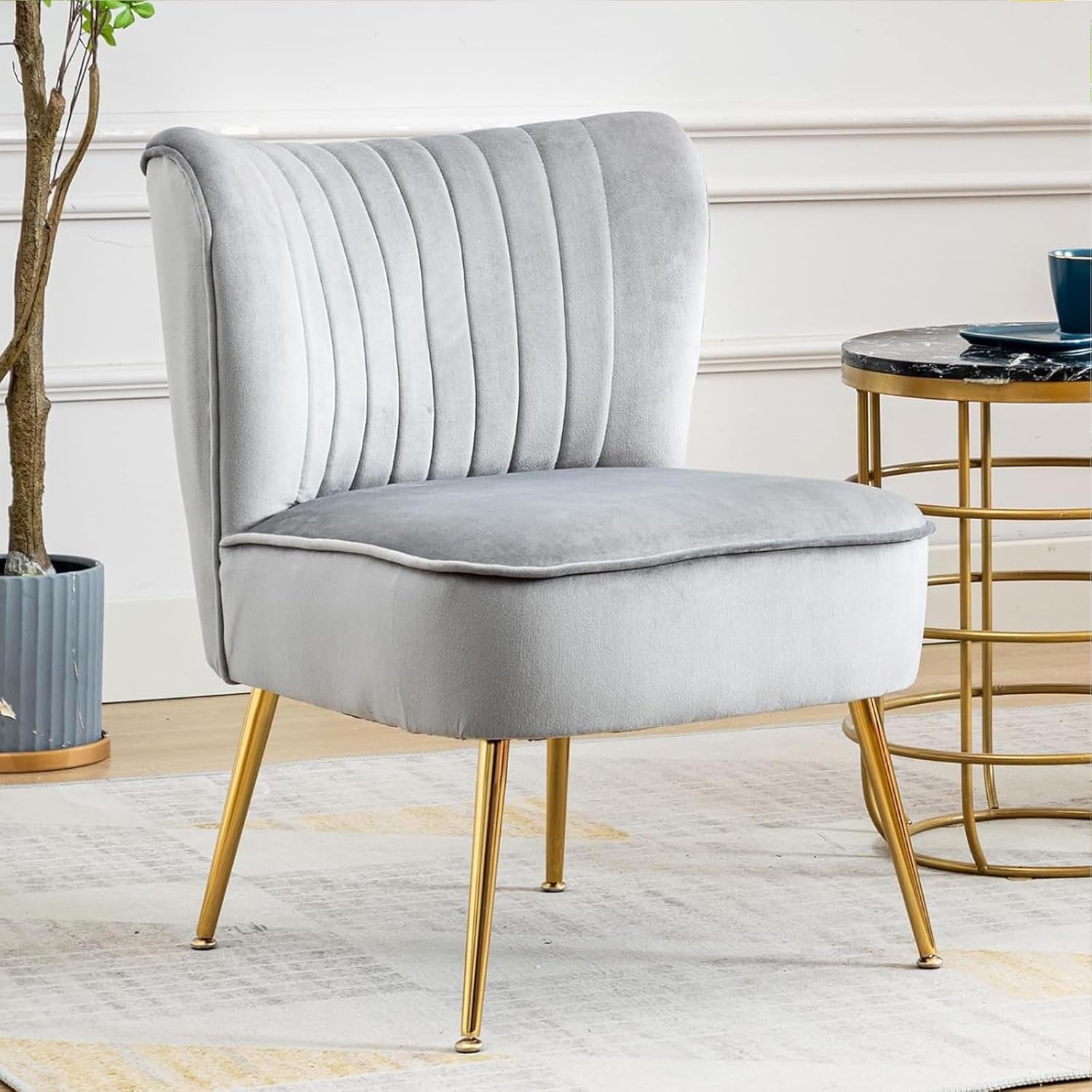 Grey Velvet Accent Chair Gold Metal Legs Lounge Tub Seat
