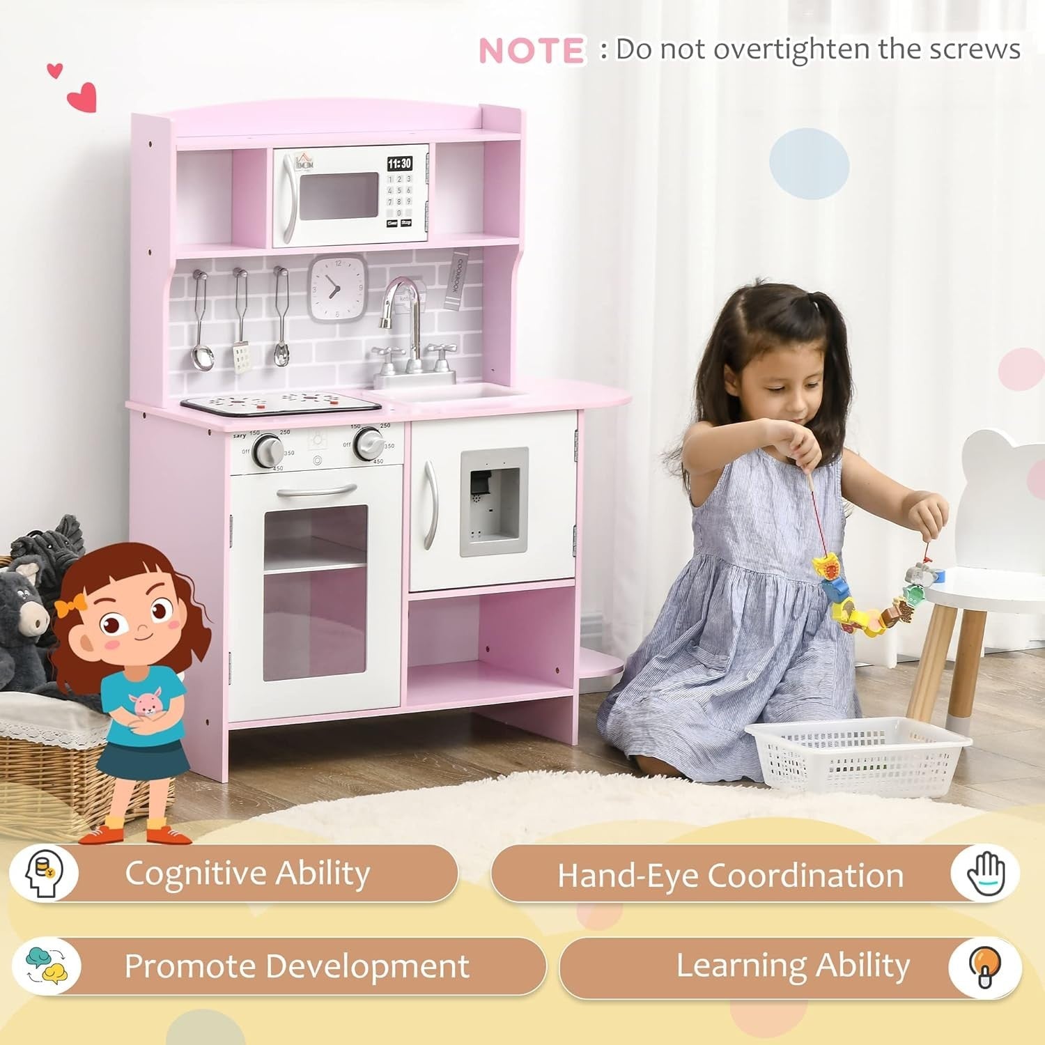 Kids Wooden Play Kitchen w/ Lights Sounds Microwave Pink Toy Set