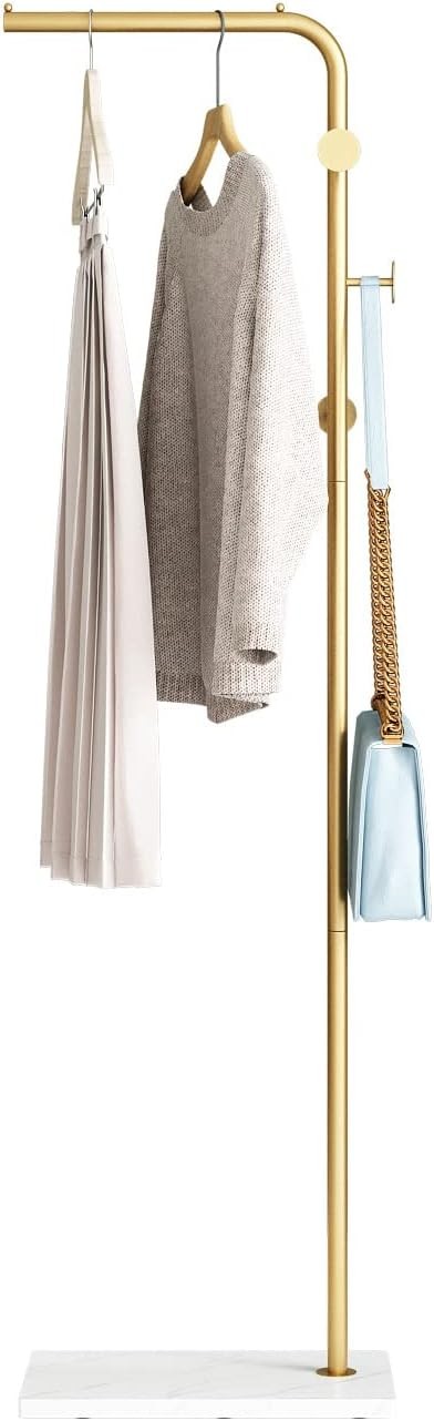 Gold Metal Coat Rack with White Base Freestanding 3 Hooks Modern Entryway Stand