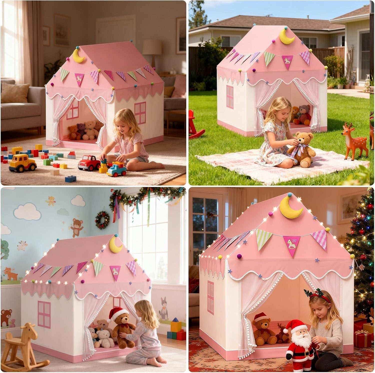 Large Kids Play Tent Indoor Outdoor w Star Lights Double Curtains