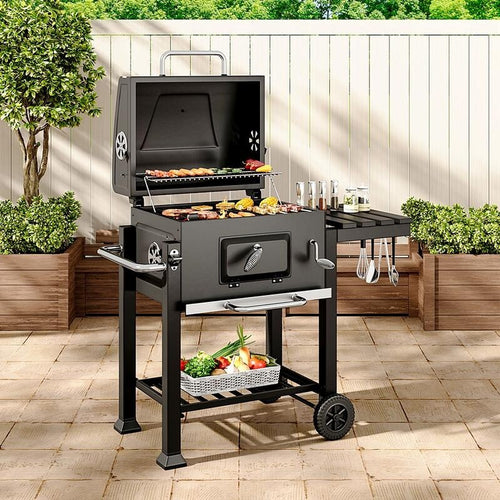 Outdoor Charcoal BBQ Grill with Wheels, Thermometer & Side Racks – 113cm