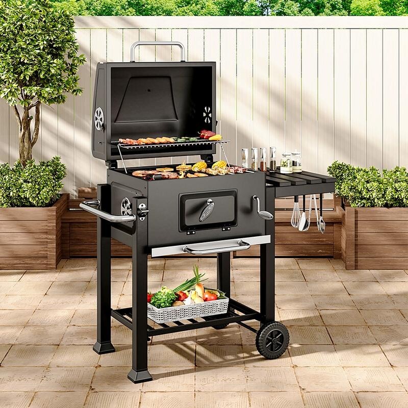 Outdoor Charcoal BBQ Grill with Wheels, Thermometer & Side Racks – 113cm
