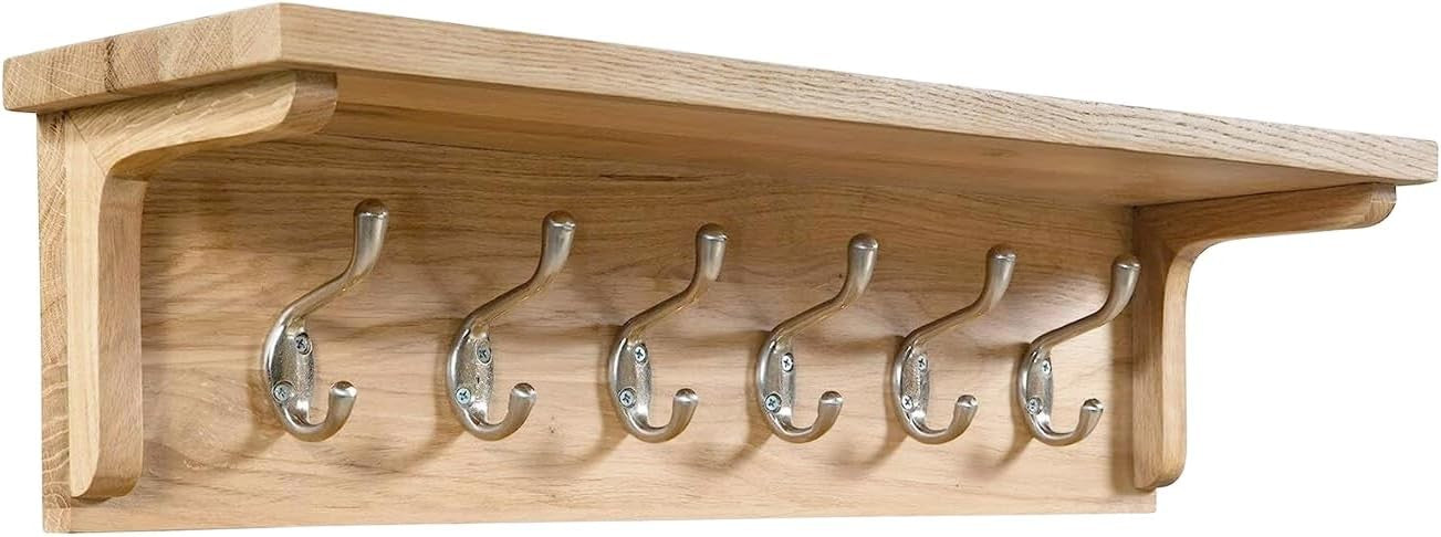 Solid Oak Wall Coat Rack with Shelf | 6 Metal Hooks for Hallway & Entryway