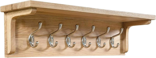 Solid Oak Wall Coat Rack with Shelf | 6 Metal Hooks for Hallway & Entryway