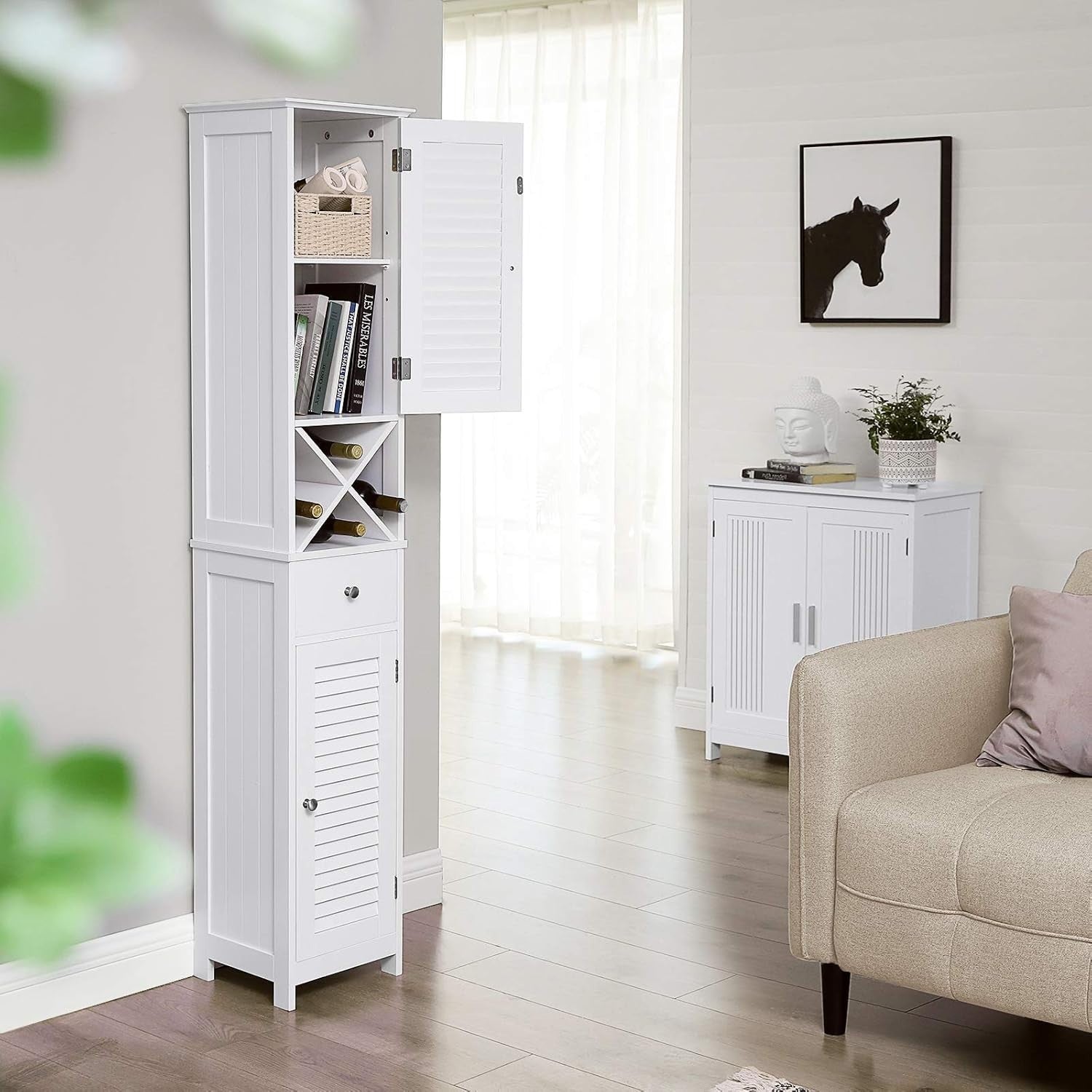 Tall Bathroom Storage Cabinet with Drawer & Louvered Doors, 32x30x170cm