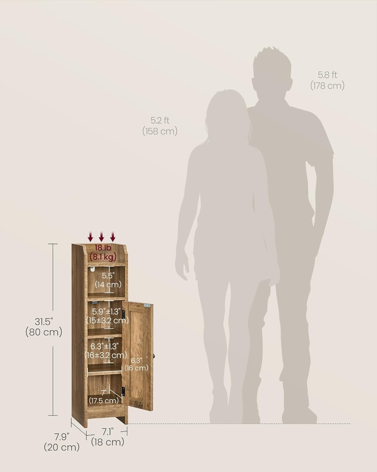 Slim Honey Brown Bathroom Storage Cabinet with Door, Adjustable Shelf & Narrow