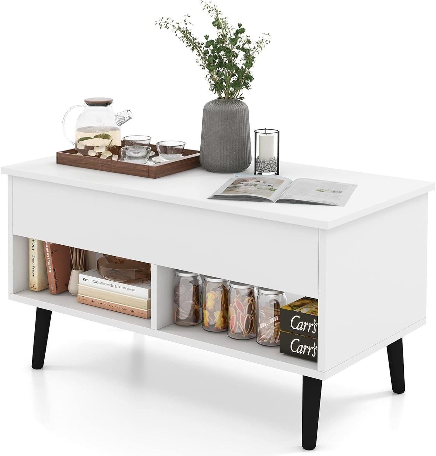 White Lift Top Coffee Table with Storage Shelf – Adjustable, 80cm Modern