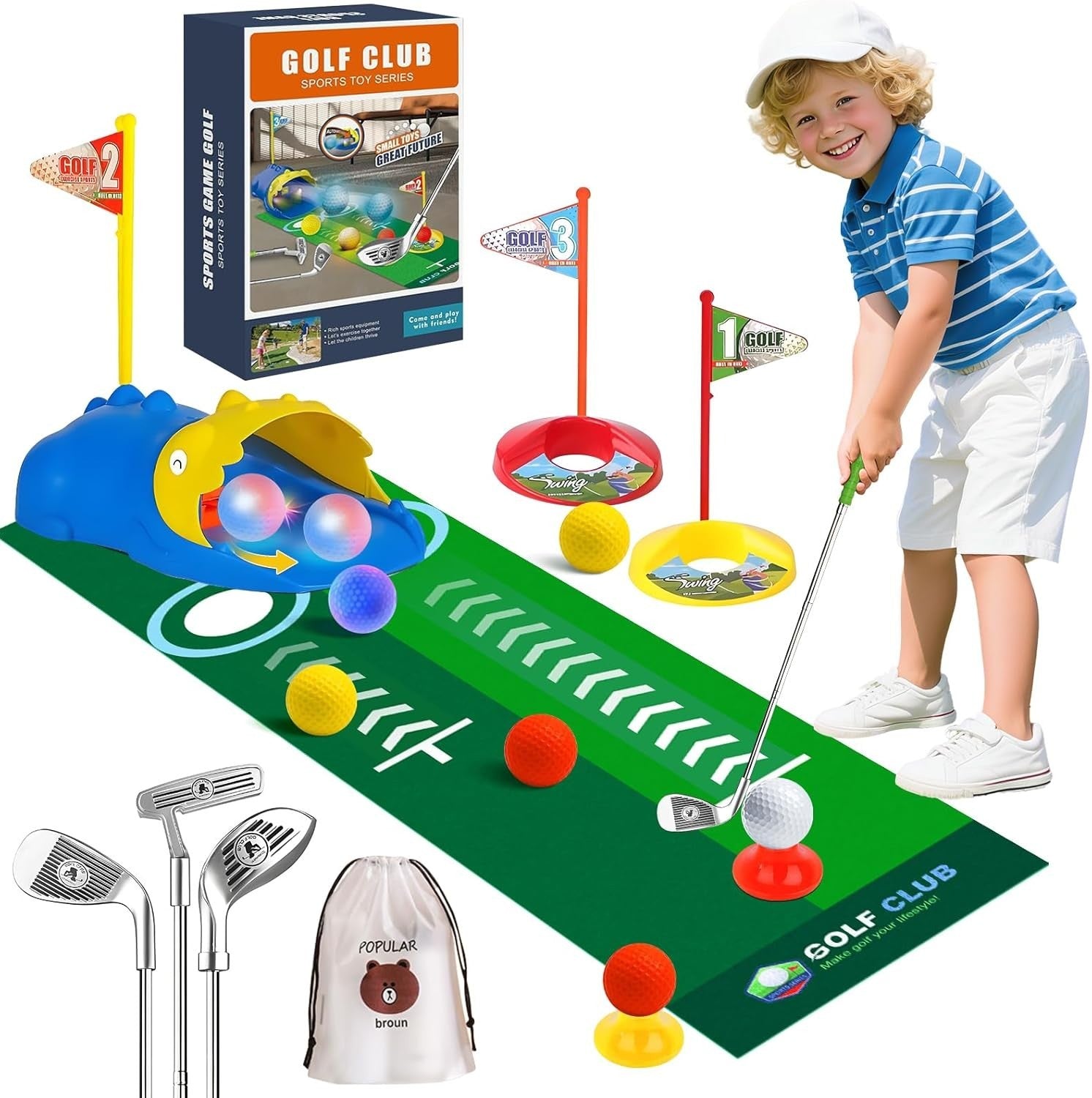 Kids Golf Set w/ Automatic Ball Return, Putting Mat & Clubs Indoor Outdoor