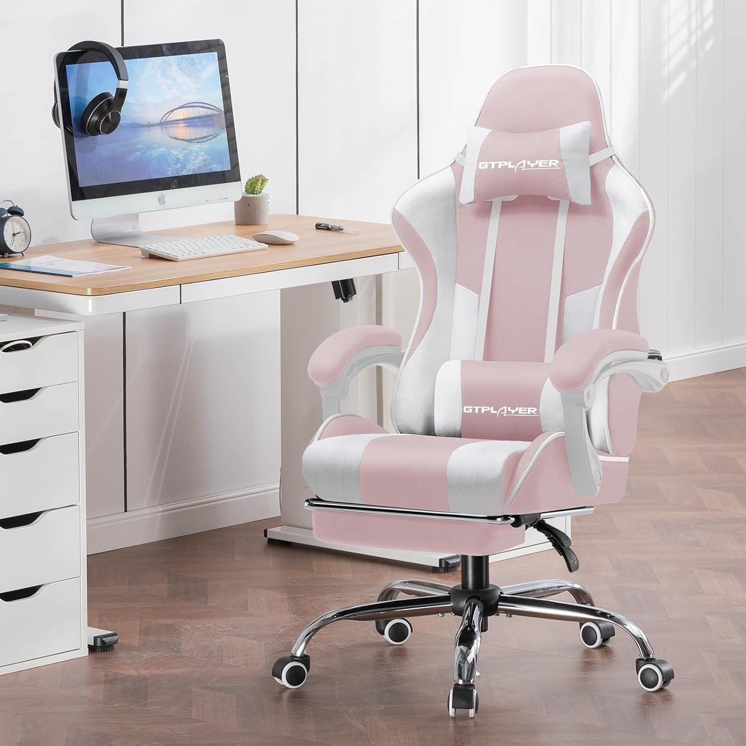 Gaming Chair Ergonomic Fabric Swivel Recliner Massage Lumbar Footrest Pink