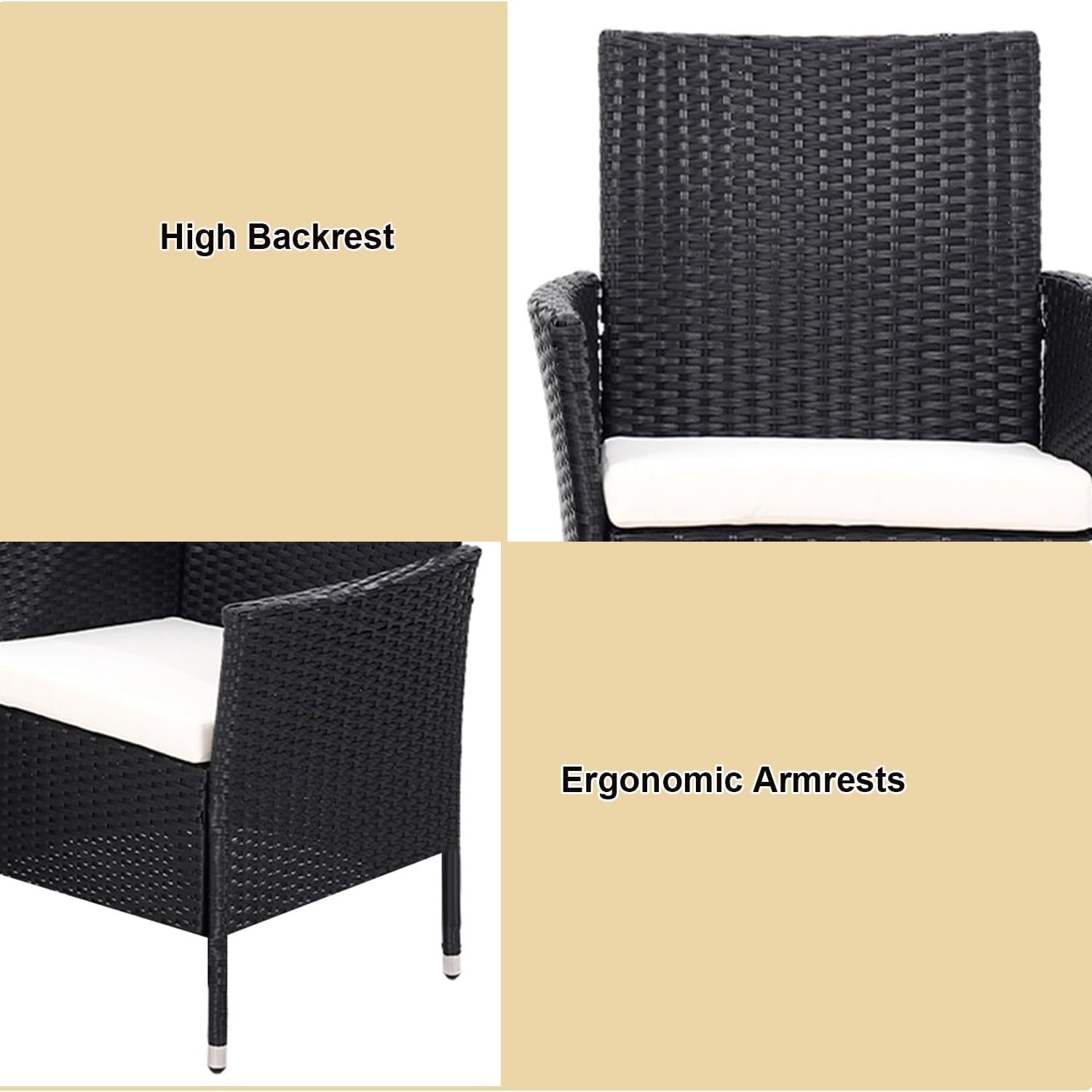 Set of 4 Black Rattan Garden Dining Chairs High Back Cushioned Patio Armchairs