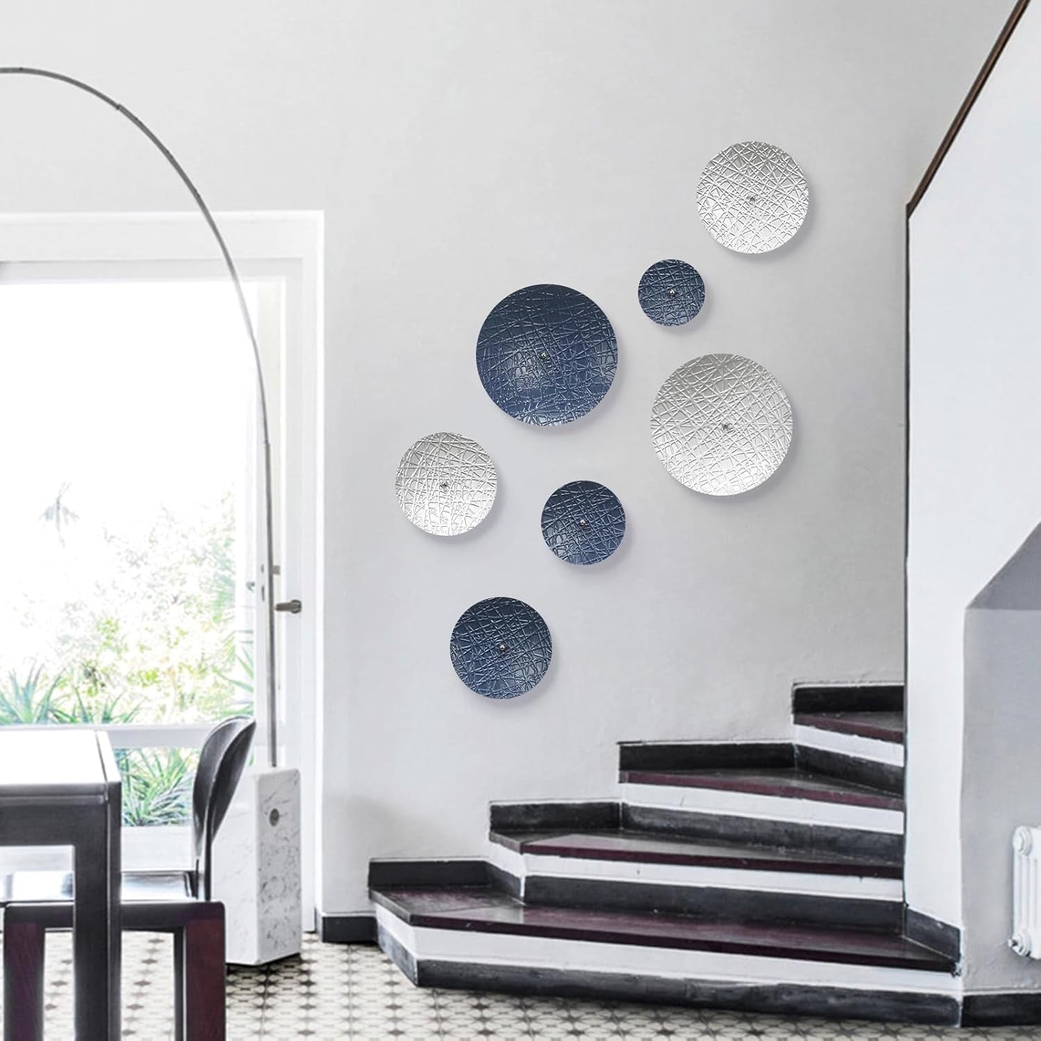 Silver Blue Metal Wall Art 7PCS Modern Home Decor Set
